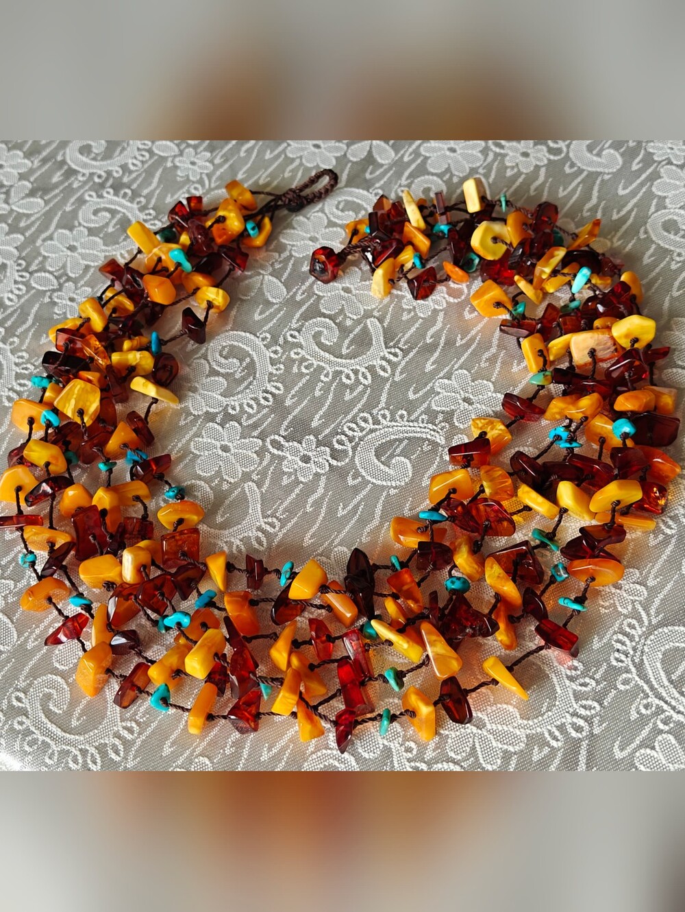 Genuine Amber & Turquoise Six Strand Necklace - Picture 15 of 16